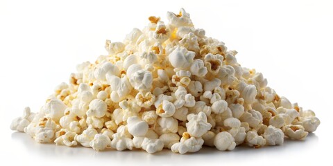 Close-Up of a Pile of Popcorn on a White Background, food, snack, movie, buttery, popcorn, kernels, white, fluffy,