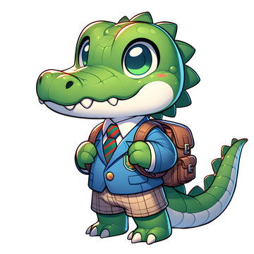 recommend clip art: Cartoon illustration (PNG 300 dpi), Crocodile is going to school !