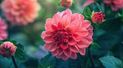 Pink dahlia flower in real garden; Shallow depth