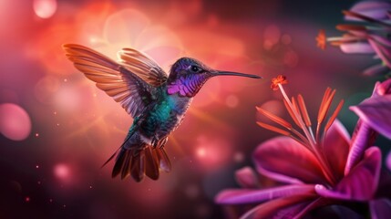 Vibrant hummingbird reaching for blossom - dynamic night colors