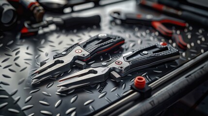 A series of images showcasing the versatility of a multi-functional tool, with close-ups on its various features and uses, ideal for industrial product photography and technical marketing materials