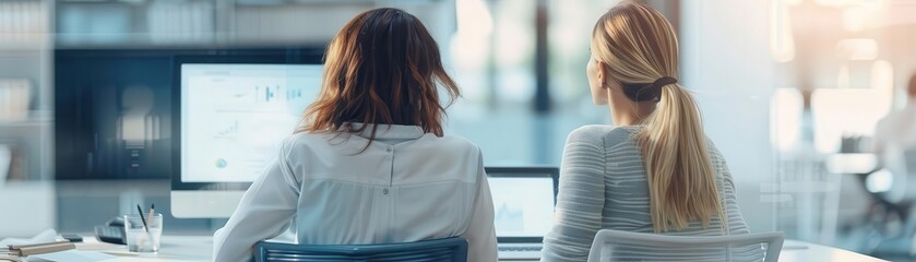 Two businesswomen working together on a project in an office