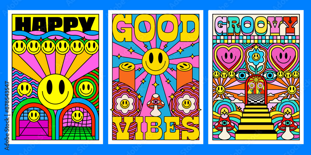 Leinwandbilder cool set of groovy posters. collection of y2k abstract pattern vector design. pop art illustration.