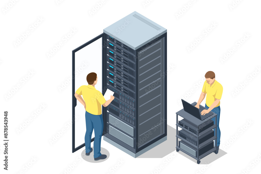 Poster isometric network computing technologies. digital space. data storage specialists in the data center