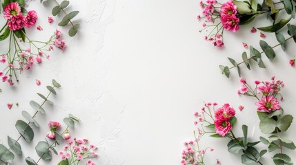 Pink flowers and eucalyptus leaves arrangement on white surface viewed from above with space for text