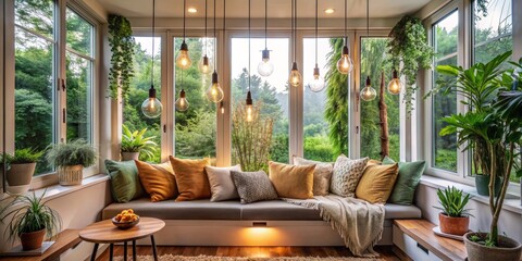 Fototapeta premium Cozy Window Seat with Hanging Lights and Greenery, home decor, interior design, living room, natural light