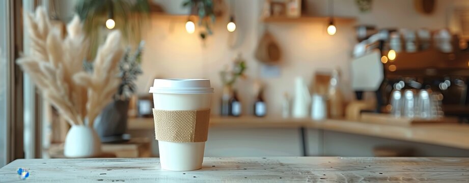 Charming coffee cup in a stylish cafe, minimalistic design, ample copy space