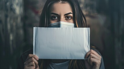 Portrait of a silenced, violated woman with her mouth closed with a mask holding a blank,
