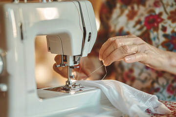 Close-Up of seamstress hands working on Sewing Machine. Fabric and Textile Crafting