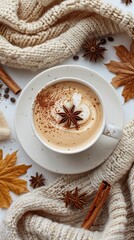 A cup of coffee with cotton scarf on a white background. Autumn composition with coffee, cinnamon and anise on a cozy table.
