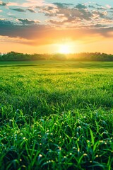 Lush Green Grass Field at Sunset.