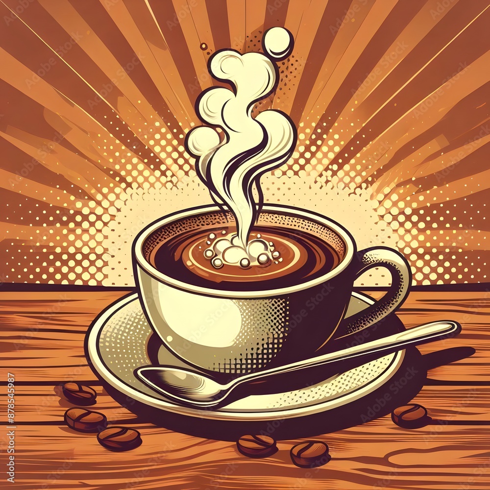 Wall mural steaming cup of coffee with spoon (brown theme)