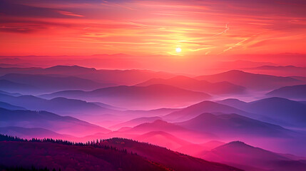 The silhouette of a mountain range against the fiery colors of a sunrise, with mist rolling through the valleys below