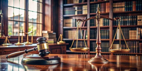 Gavel and Scales of Justice on Wooden Table with Law Books in the Background, Law, Justice, Legal, Courtroom