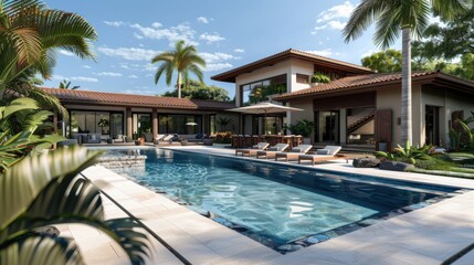 Fototapeta premium A tropical hotel swimming pool surrounded by palm trees and overlooking the ocean, embodying the essence of a luxurious summer vacation