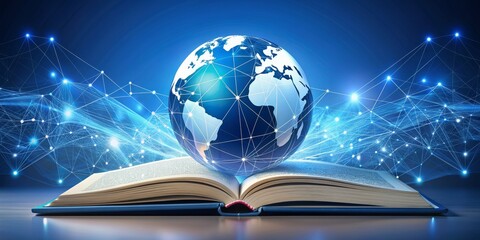Global Knowledge Network 3D Globe Emerging from an Open Book,  Network , Connection , Data , Knowledge