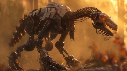 Futuristic robotic dinosaur with metallic armor and gears, resembling a large mechanical raptor