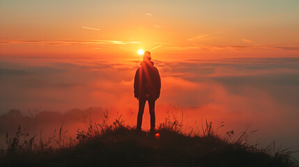 A silhouette of a person standing on a hill, watching the sunrise over a misty valley