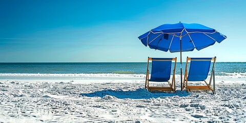 Two blue beach chairs under a blue umbrella on a white sandy beach.