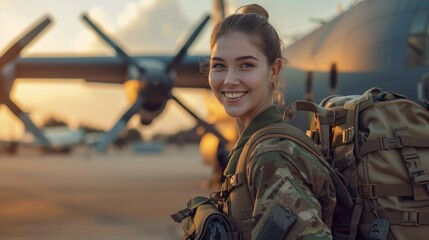 Portrait of smiling female soldier with backpack