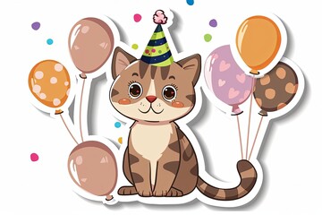 Fototapeta premium Cute cat with birthday hat and balloons.