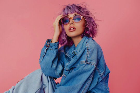 Photo of a fashion model posing, wearing a blue denim jacket and jeans with purple hair and sunglasses on a pink background, in the style of a copy space concept, in a studio shot