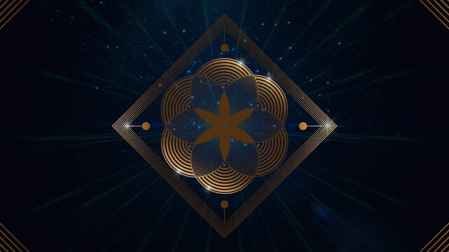 Video animation gold shiny Flower of Life in motion. Golden square Frame. Sacred geometry in the moving galaxy, dark starry background. Model for TV show, intro, movie, stage design. Cosmic space