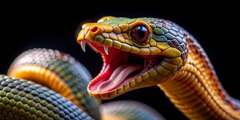 Fototapeta premium Green Tree Python with Open Mouth, Close-up of a Green Tree Python's Face with Its Mouth Open, Detailed Snake Scales, Dangerous and Beautiful, Green Tree Python, Snake, Reptile, Wildlife, Nature