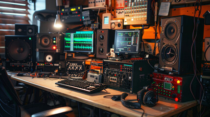 A modern-day ham radio operator's station with contemporary Morse code equipment, including a transceiver, headphones, and a digital interface displaying Morse code signals. 