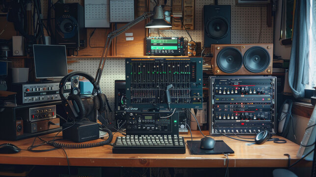 A modern-day ham radio operator's station with contemporary Morse code equipment, including a transceiver, headphones, and a digital interface displaying Morse code signals. 