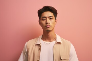 Obraz premium Portrait of a tender asian man in his 20s donning a trendy cropped top in pastel or soft colors background
