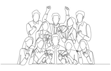 Continuous one line drawing of cheerful employees receiving bonuses from company, excellent business team with reward from company concept, single line art.