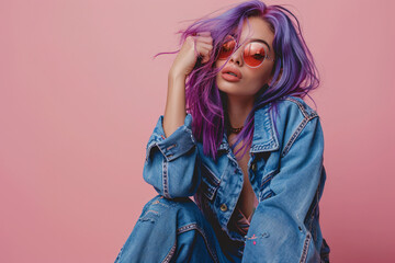 Photo of a fashion model posing, wearing a blue denim jacket and jeans with purple hair and sunglasses on a pink background, in the style of a copy space concept, in a studio shot