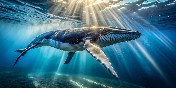Humpback Whale Gracefully Navigates Sunbeams, Underwater Photography, Ocean Life, Marine Mammal,  Whale  ,  Ocean  ,  Sunlight  ,  Wildlife
