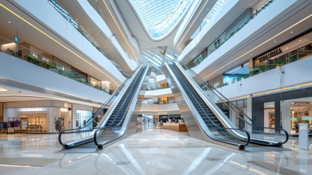 Spacious interior of a modern shopping mall with escalators and shops.