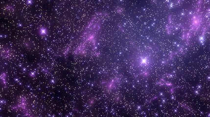 A 3D rendering of a deep space scene with glittering purple nebulae scattered across a dark starry background, creating an otherworldly cosmic environment.