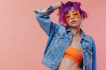 Photo of a fashion model posing, wearing a blue denim jacket and jeans with purple hair and sunglasses on a pink background, in the style of a copy space concept, in a studio shot