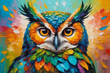 Obraz premium Colorful abstract portrait painting of a woodland forest owl bird animal, nature theme concept texture design. 
