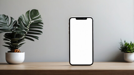 Black mobile smartphone mockup with blank screen isolated on a table, application or design project.