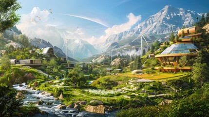 Vibrant eco-village with energy-efficient houses and wind turbines, surrounded by mountains, rivers, and wildlife. Zero carbon
