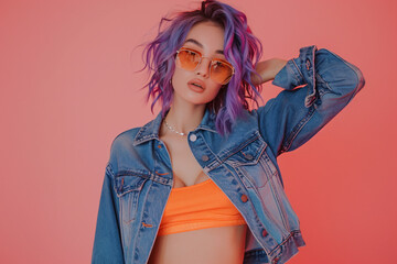Photo of a fashion model posing, wearing a blue denim jacket and jeans with purple hair and sunglasses on a pink background, in the style of a copy space concept, in a studio shot