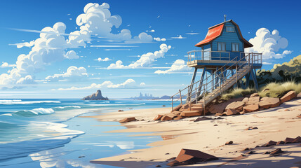 Obraz premium life guard house, clear sand, beach, light blue sky, sunny day