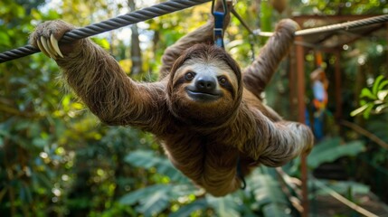 A sloth zip-lining through the rainforest with a big smile on its face