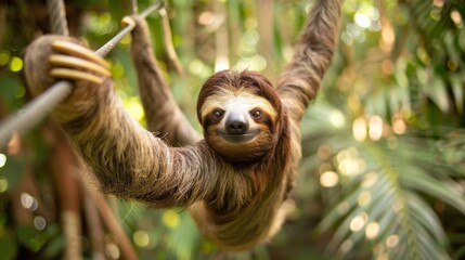 Fototapeta premium A sloth zip-lining through the rainforest with a big smile on its face