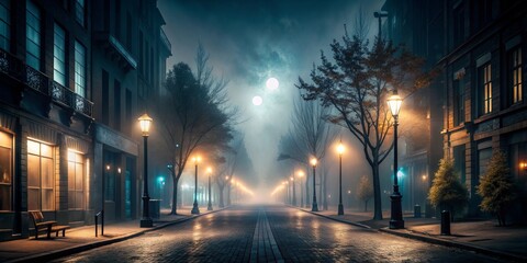 Moonlit Foggy Cityscape with Streetlamps and a Bench, nighttime, city, fog, lamppost , urban, street, architecture