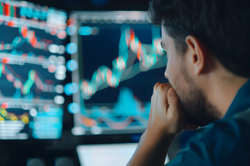 Investor examining diversified financial management strategies, diversification of investment asset allocation or portfolio management on stock market and fund