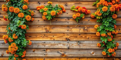 Fototapeta premium Orange Marigold Blooms on Weathered Wooden Wall, Marigold , Wooden Wall , Floral , Orange Flower