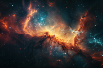 A cosmic nebula with fiery hues and stellar glow.