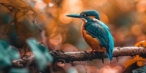 Fototapeta premium Vibrant Kingfisher Perched on Branch.