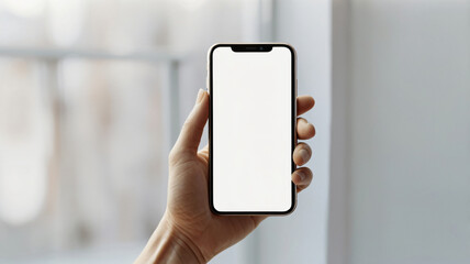 Person's hand holding black smartphone isolated on background, technology template